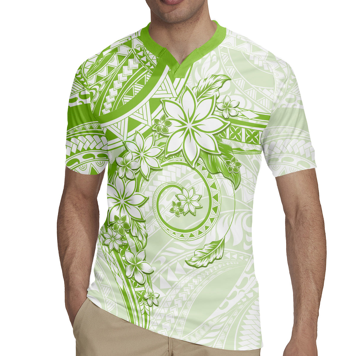 Polynesian Pattern With Plumeria Flowers Rugby Jersey Lime Green