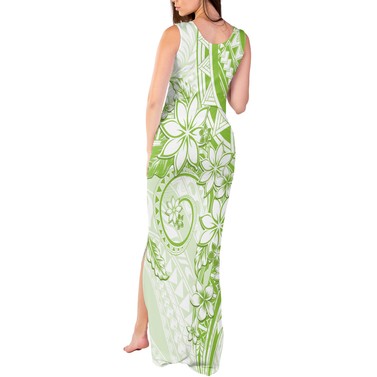 Polynesian Pattern With Plumeria Flowers Tank Maxi Dress Lime Green