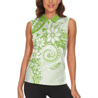 Polynesian Pattern With Plumeria Flowers Women Sleeveless Polo Shirt Lime Green