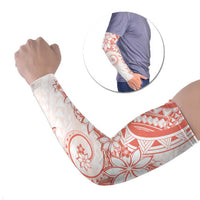 Polynesian Pattern With Plumeria Flowers Arm Sleeves Orange Peach - Polynesian Pride