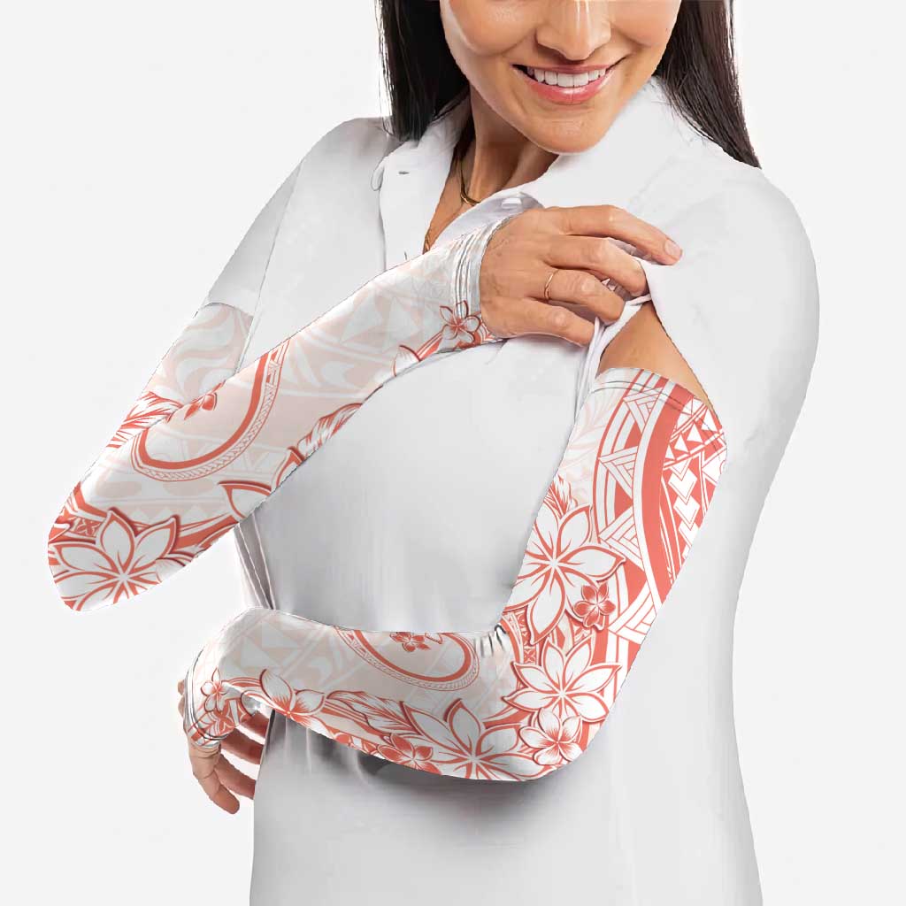 Polynesian Pattern With Plumeria Flowers Arm Sleeves Orange Peach - Polynesian Pride