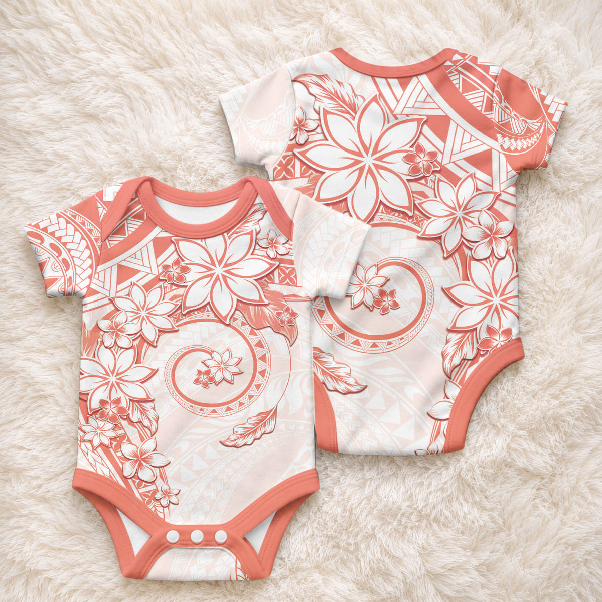 Polynesian Pattern With Plumeria Flowers Baby Onesie Orange Peach LT05 - Polynesian Pride