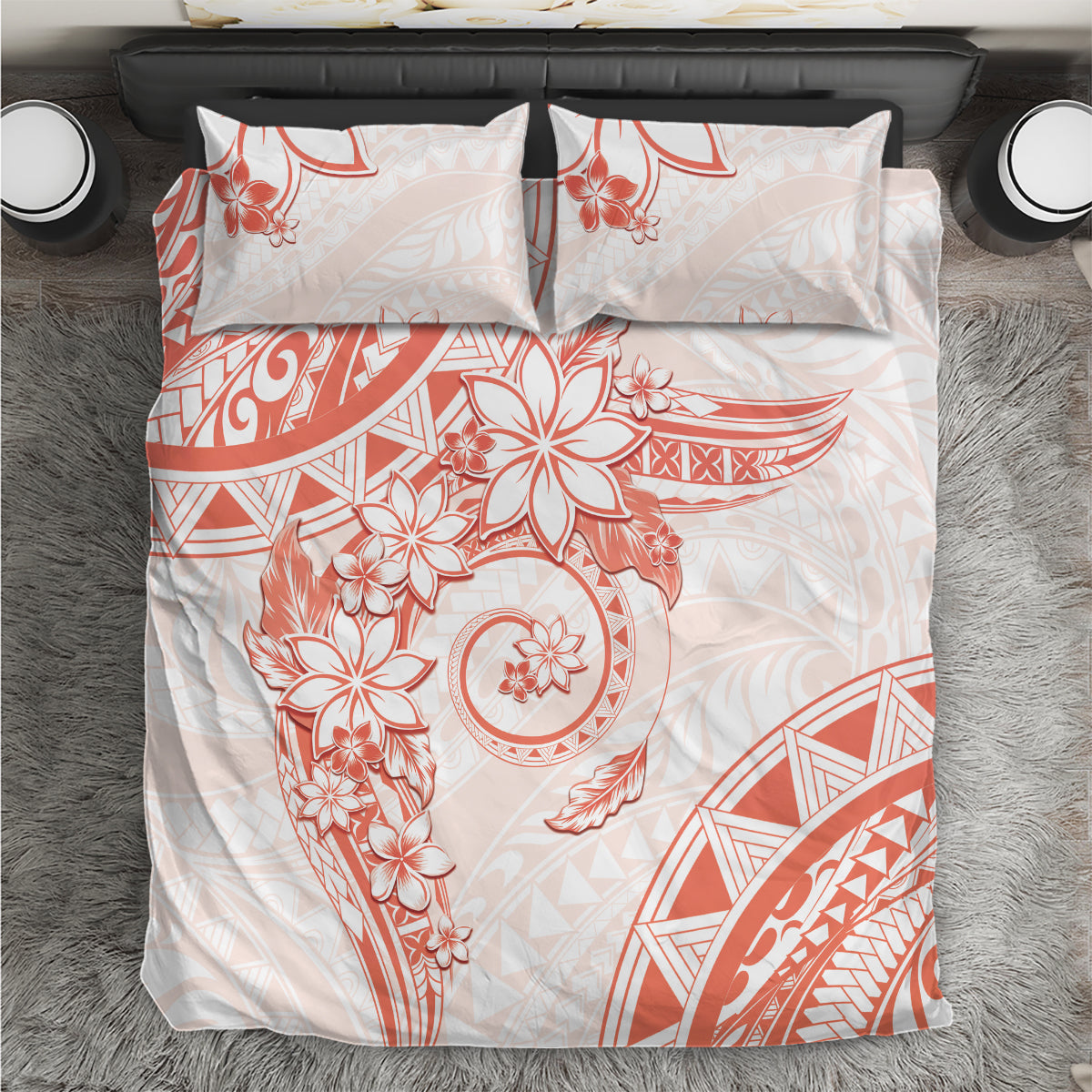 Polynesian Pattern With Plumeria Flowers Bedding Set Orange Peach