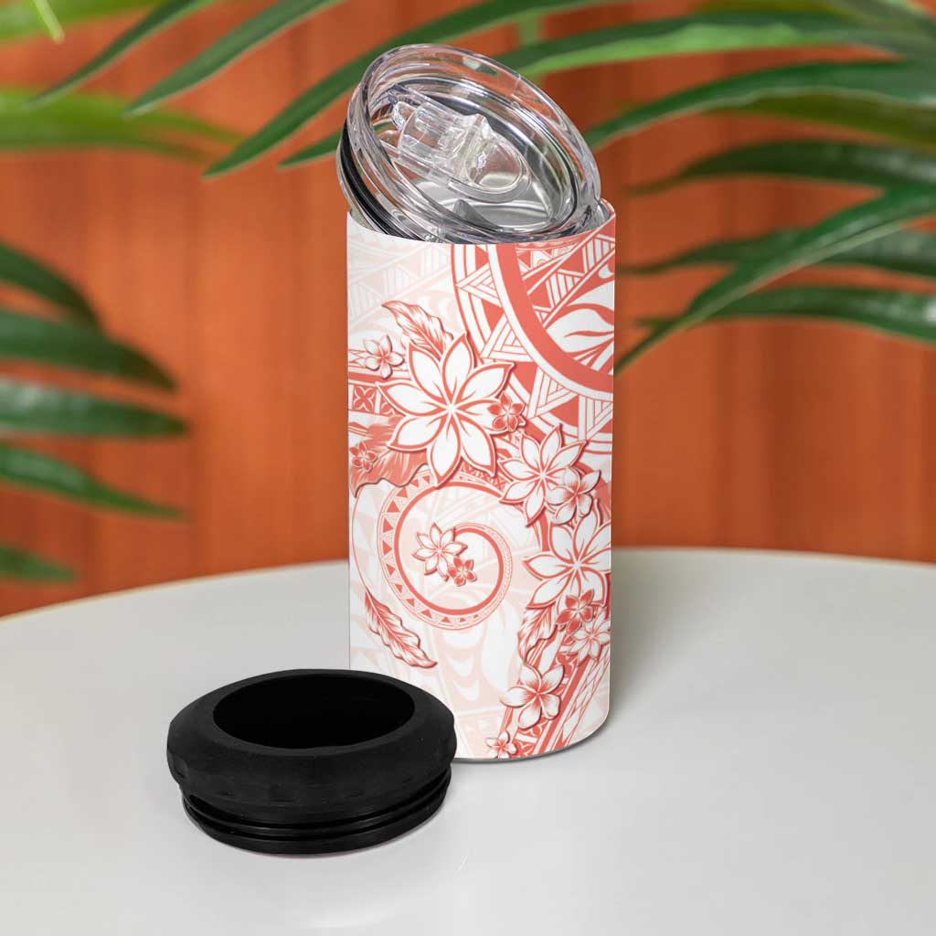 Orange Peach Polynesian Pattern With Plumeria Flowers 4 in 1 Can Cooler Tumbler