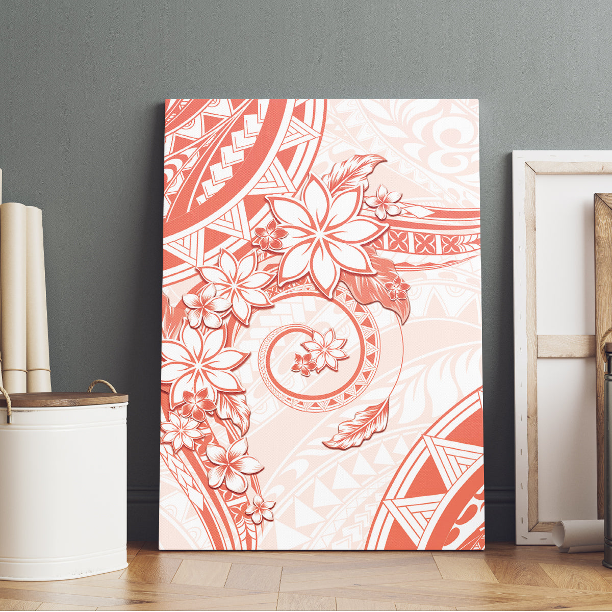 Polynesian Pattern With Plumeria Flowers Canvas Wall Art Orange Peach