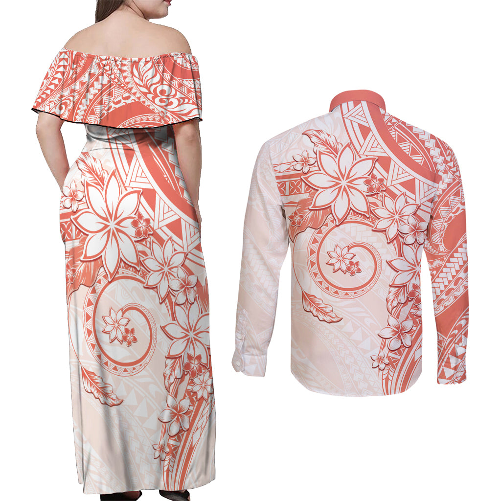 Polynesian Pattern With Plumeria Flowers Couples Matching Off Shoulder Maxi Dress and Long Sleeve Button Shirt Orange Peach