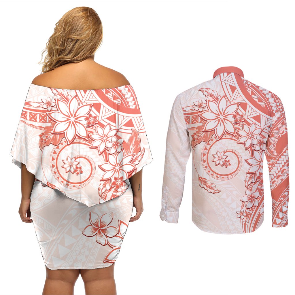 Polynesian Pattern With Plumeria Flowers Couples Matching Off Shoulder Short Dress and Long Sleeve Button Shirt Orange Peach