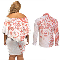 Polynesian Pattern With Plumeria Flowers Couples Matching Off Shoulder Short Dress and Long Sleeve Button Shirt Orange Peach