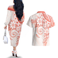 Polynesian Pattern With Plumeria Flowers Couples Matching Off The Shoulder Long Sleeve Dress and Hawaiian Shirt Orange Peach