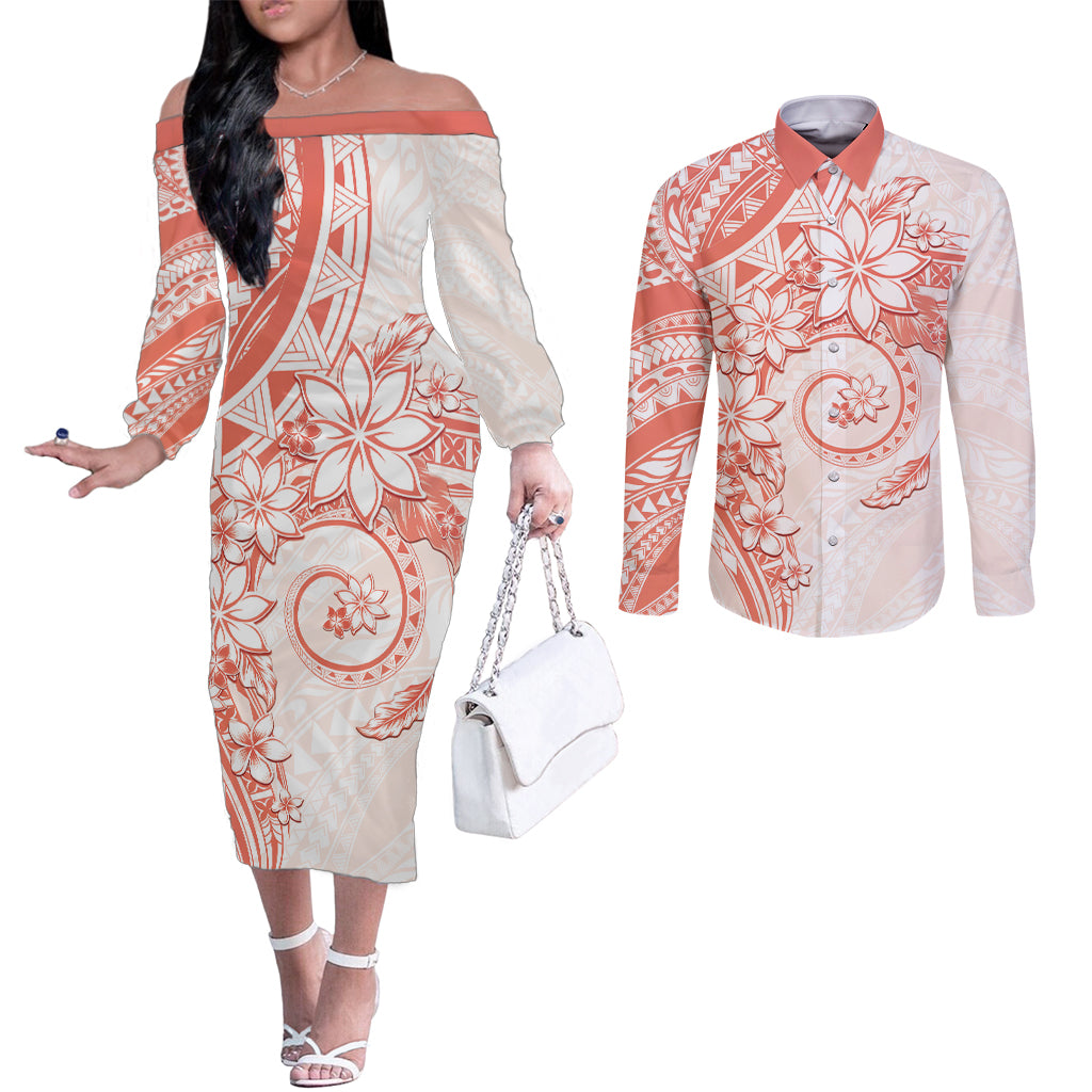 Polynesian Pattern With Plumeria Flowers Couples Matching Off The Shoulder Long Sleeve Dress and Long Sleeve Button Shirt Orange Peach