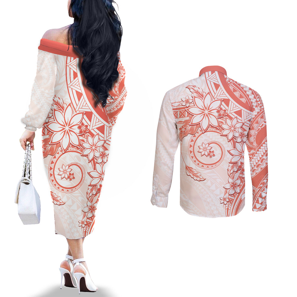 Polynesian Pattern With Plumeria Flowers Couples Matching Off The Shoulder Long Sleeve Dress and Long Sleeve Button Shirt Orange Peach