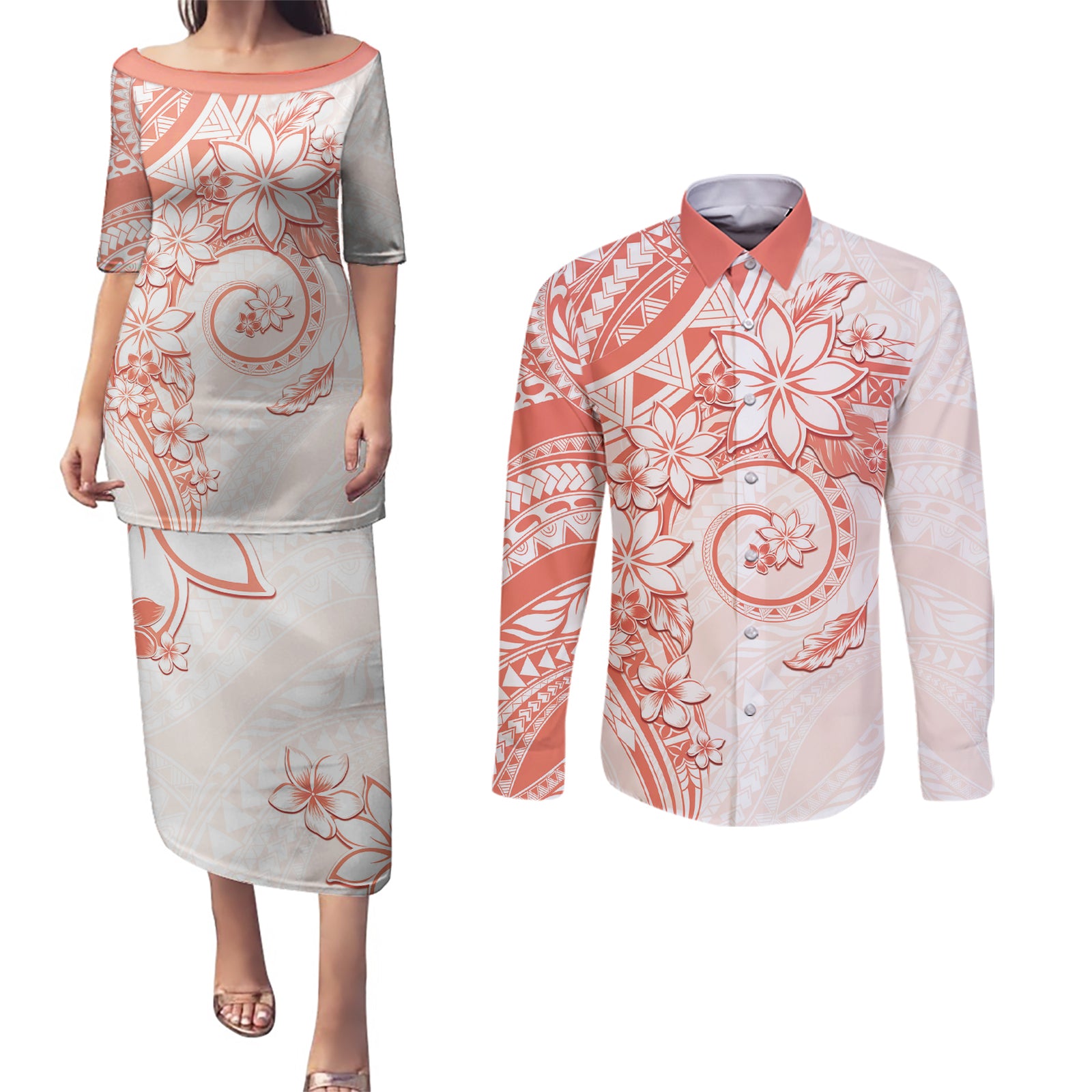 Polynesian Pattern With Plumeria Flowers Couples Matching Puletasi and Long Sleeve Button Shirt Orange Peach