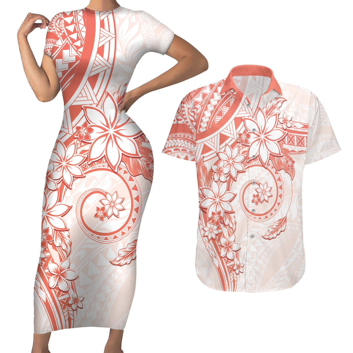 Polynesian Pattern With Plumeria Flowers Couples Matching Short Sleeve Bodycon Dress and Hawaiian Shirt Orange Peach