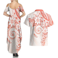Polynesian Pattern With Plumeria Flowers Couples Matching Summer Maxi Dress and Hawaiian Shirt Orange Peach