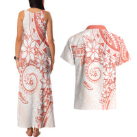 Polynesian Pattern With Plumeria Flowers Couples Matching Tank Maxi Dress and Hawaiian Shirt Orange Peach