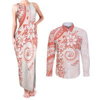 Polynesian Pattern With Plumeria Flowers Couples Matching Tank Maxi Dress and Long Sleeve Button Shirt Orange Peach