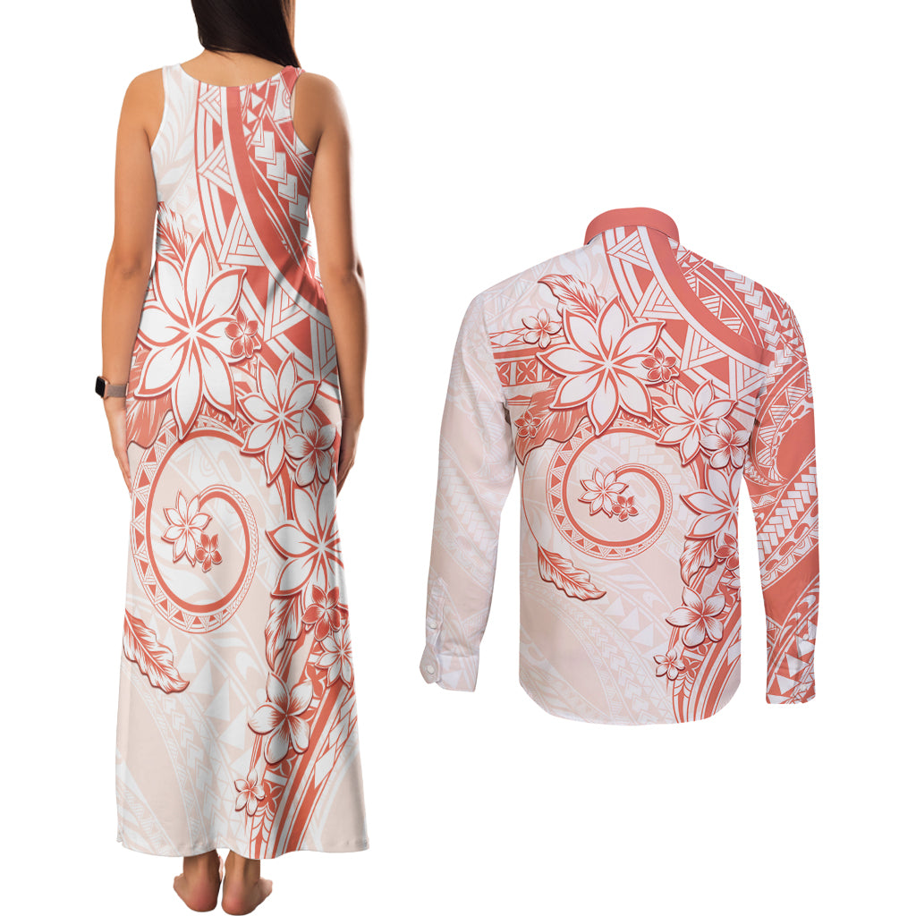 Polynesian Pattern With Plumeria Flowers Couples Matching Tank Maxi Dress and Long Sleeve Button Shirt Orange Peach