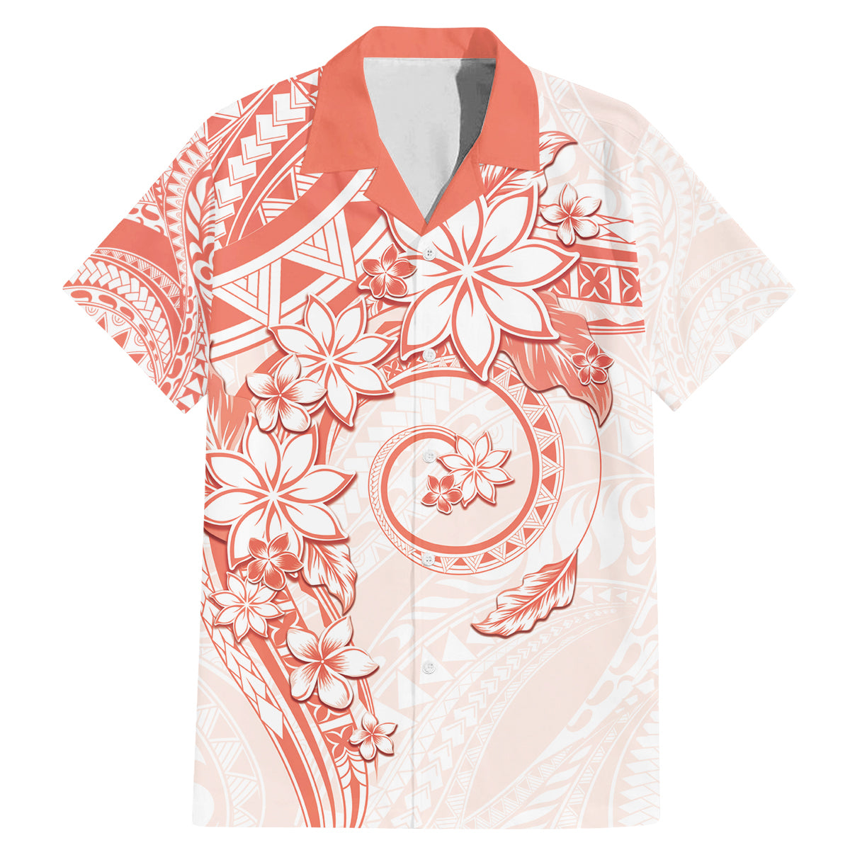 Polynesian Pattern With Plumeria Flowers Family Matching Mermaid Dress and Hawaiian Shirt Orange Peach