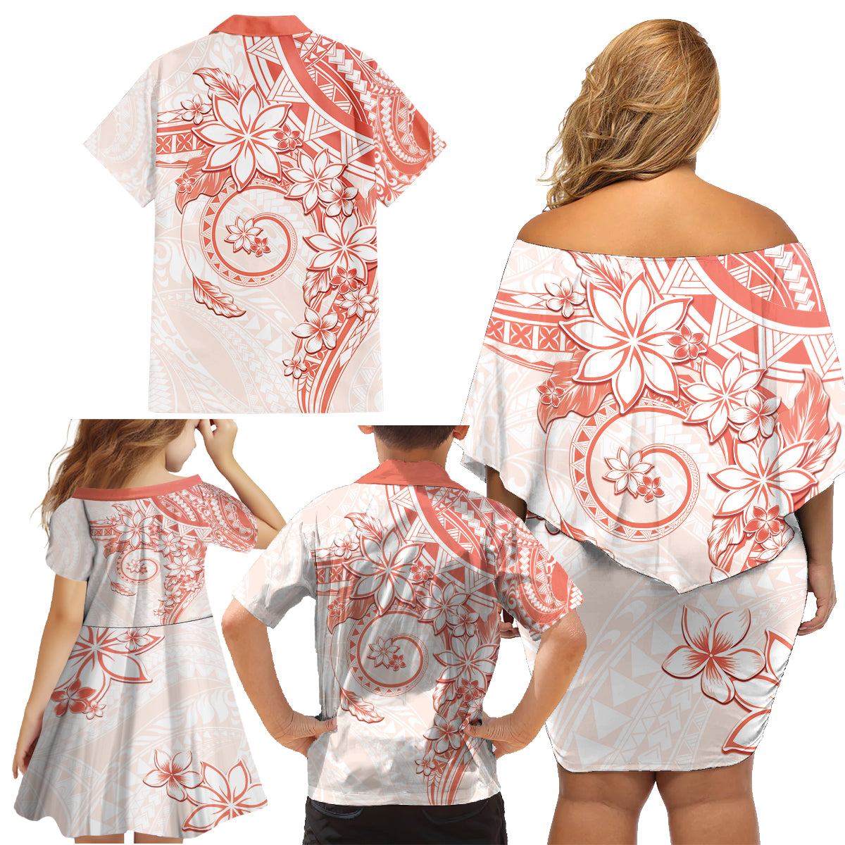 Polynesian Pattern With Plumeria Flowers Family Matching Off Shoulder Short Dress and Hawaiian Shirt Orange Peach