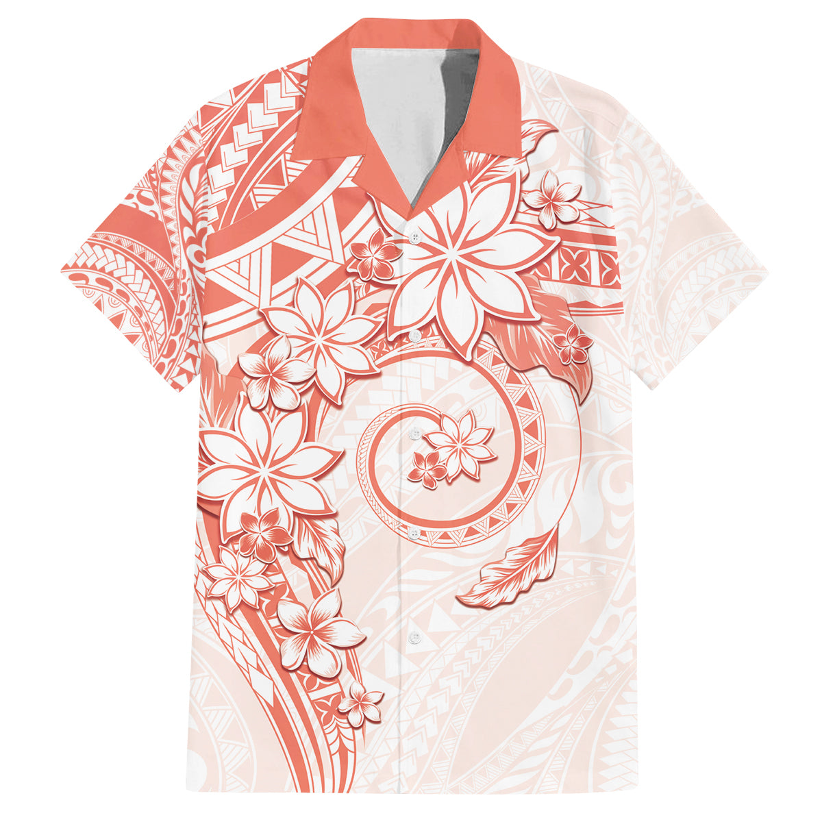 Polynesian Pattern With Plumeria Flowers Family Matching Off Shoulder Short Dress and Hawaiian Shirt Orange Peach