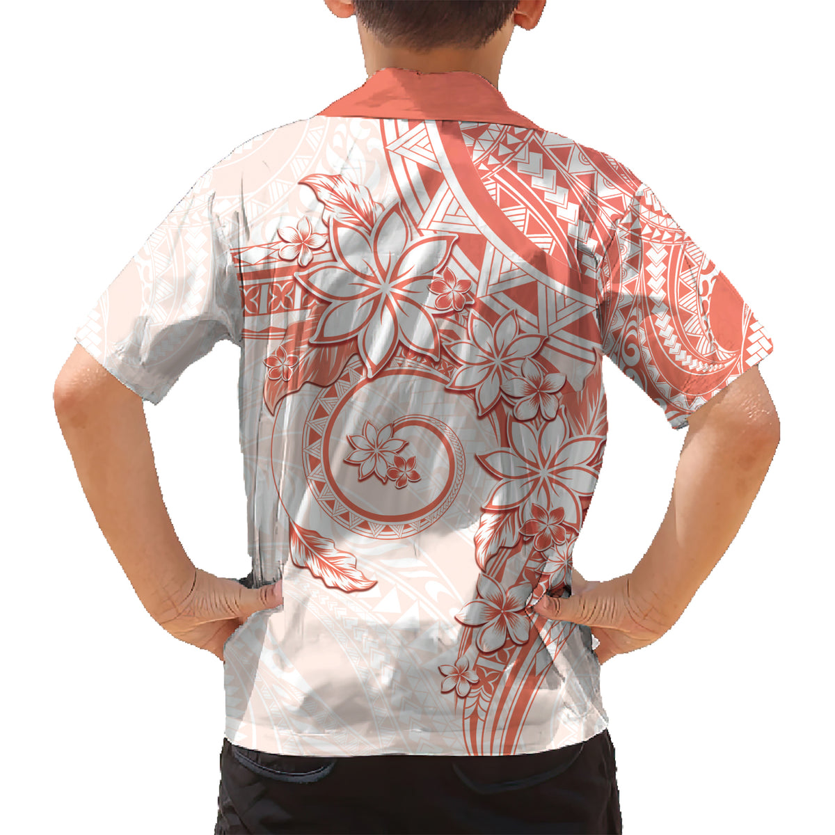 Polynesian Pattern With Plumeria Flowers Family Matching Short Sleeve Bodycon Dress and Hawaiian Shirt Orange Peach LT05 - Polynesian Pride
