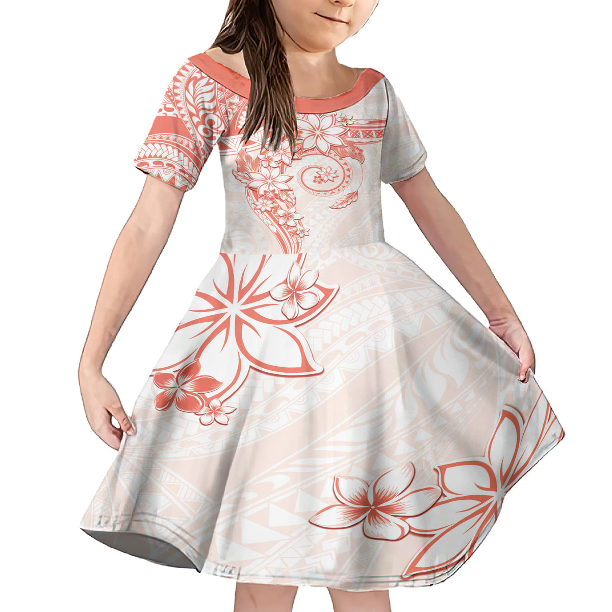 Polynesian Pattern With Plumeria Flowers Family Matching Short Sleeve Bodycon Dress and Hawaiian Shirt Orange Peach LT05 Daughter's Dress Peach - Polynesian Pride