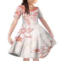 Polynesian Pattern With Plumeria Flowers Family Matching Short Sleeve Bodycon Dress and Hawaiian Shirt Orange Peach LT05 Daughter's Dress Peach - Polynesian Pride