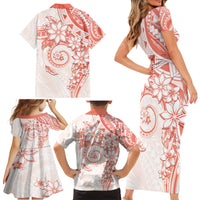 Polynesian Pattern With Plumeria Flowers Family Matching Short Sleeve Bodycon Dress and Hawaiian Shirt Orange Peach LT05 - Polynesian Pride