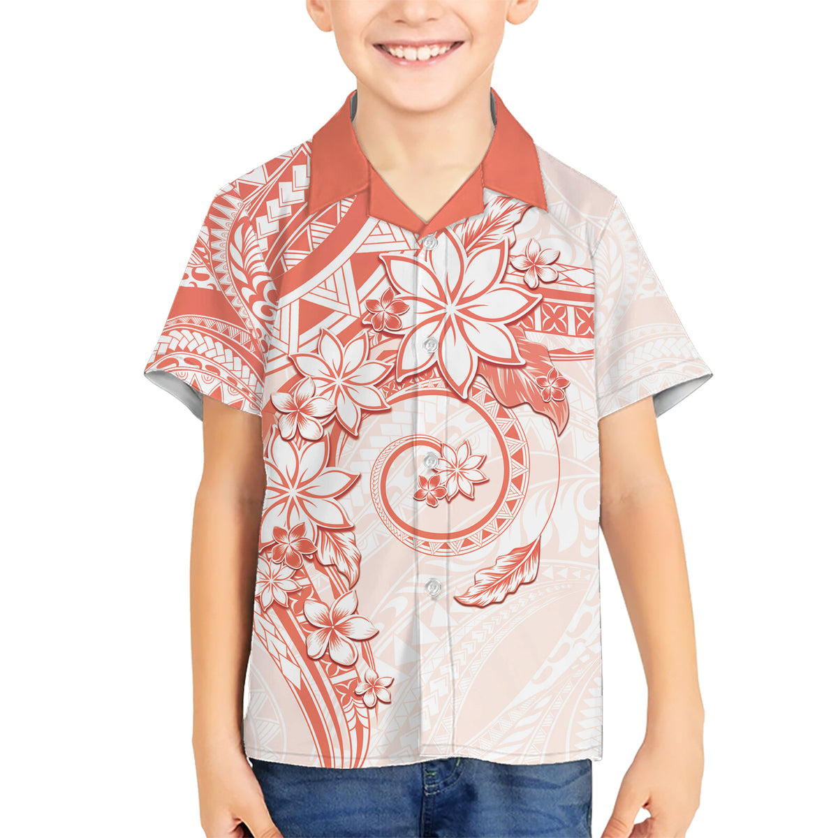 Polynesian Pattern With Plumeria Flowers Family Matching Short Sleeve Bodycon Dress and Hawaiian Shirt Orange Peach LT05 Son's Shirt Peach - Polynesian Pride