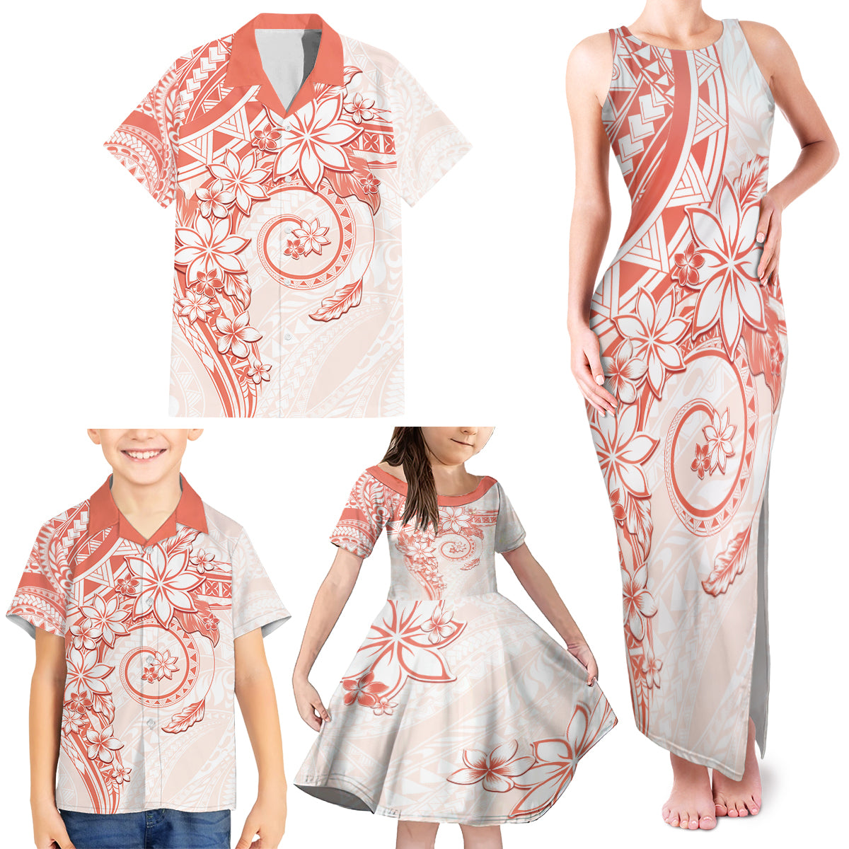 Polynesian Pattern With Plumeria Flowers Family Matching Tank Maxi Dress and Hawaiian Shirt Orange Peach