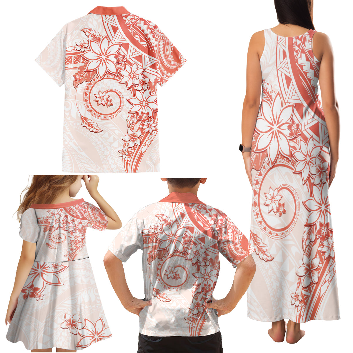 Polynesian Pattern With Plumeria Flowers Family Matching Tank Maxi Dress and Hawaiian Shirt Orange Peach