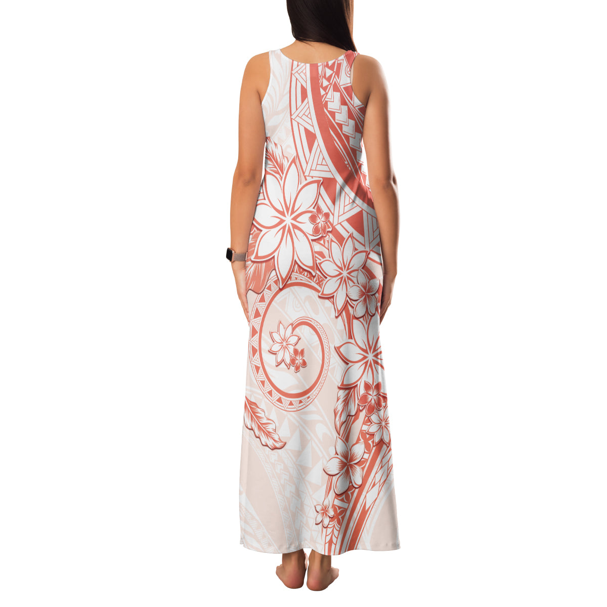 Polynesian Pattern With Plumeria Flowers Family Matching Tank Maxi Dress and Hawaiian Shirt Orange Peach