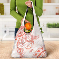 Polynesian Pattern With Plumeria Flowers Grocery Bag Orange Peach