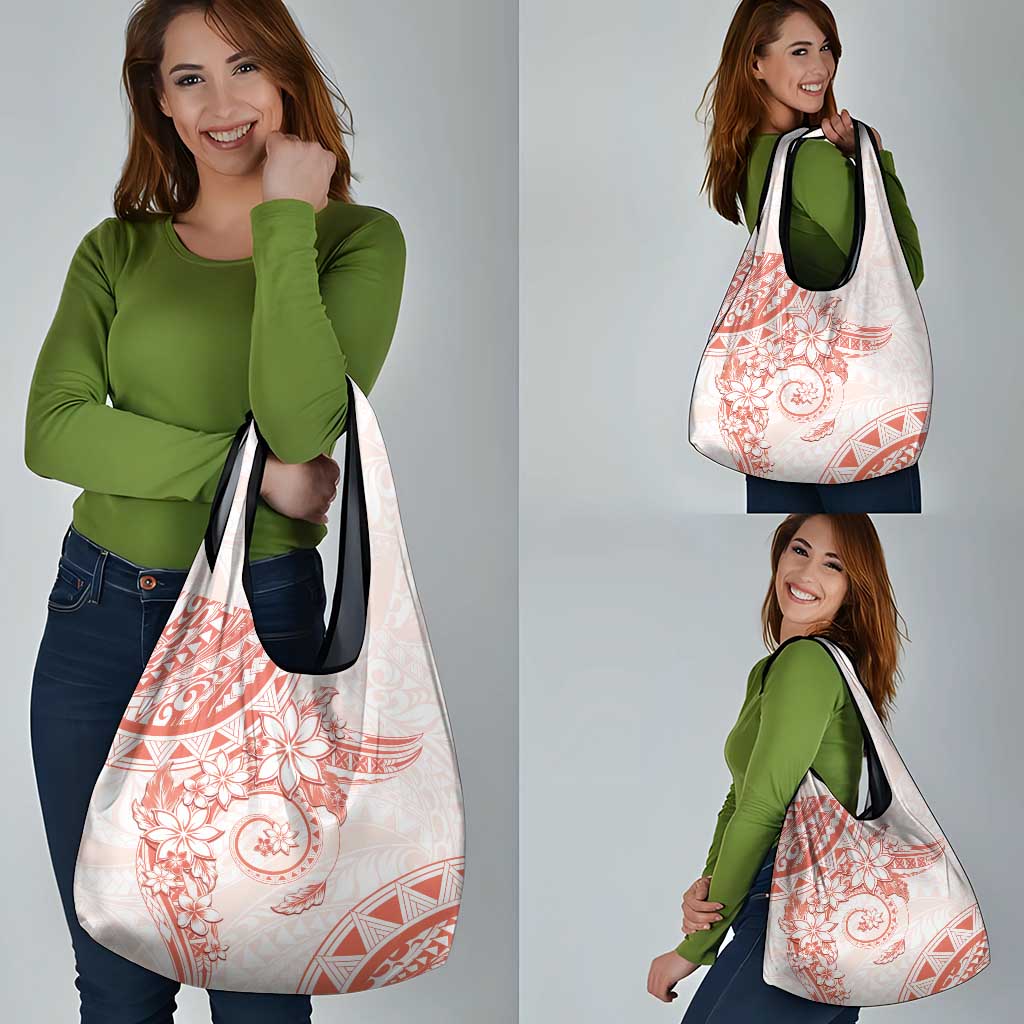 Polynesian Pattern With Plumeria Flowers Grocery Bag Orange Peach