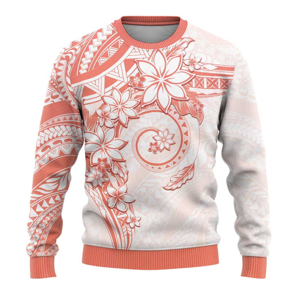 Polynesian Pattern With Plumeria Flowers Ugly Christmas Sweater Orange Peach
