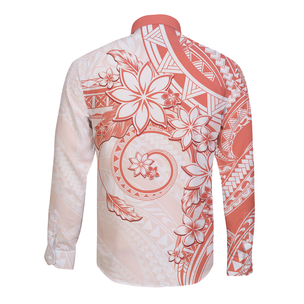 Polynesian Pattern With Plumeria Flowers Long Sleeve Button Shirt Orange Peach