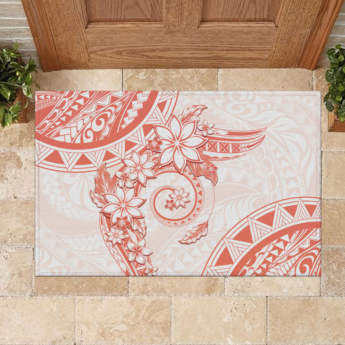 Polynesian Pattern With Plumeria Flowers Rubber Doormat Orange Peach