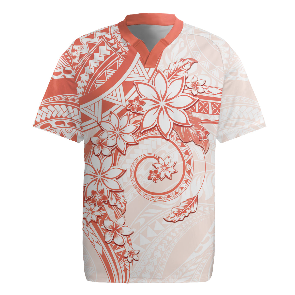 Polynesian Pattern With Plumeria Flowers Rugby Jersey Orange Peach