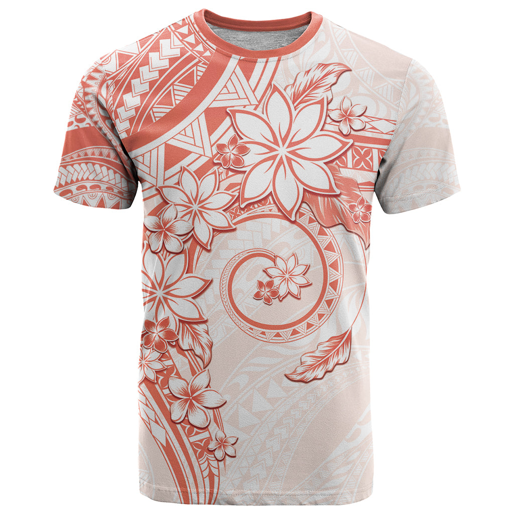 Polynesian Pattern With Plumeria Flowers T Shirt Orange Peach