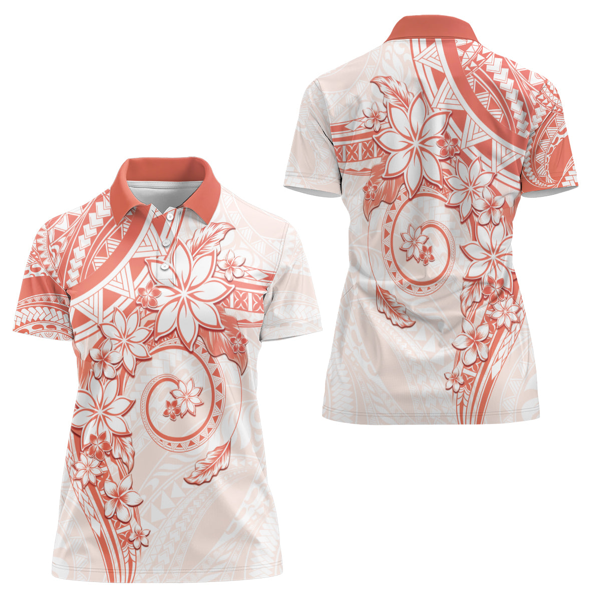 Polynesian Pattern With Plumeria Flowers Women Polo Shirt Orange Peach