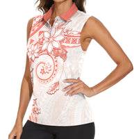 Polynesian Pattern With Plumeria Flowers Women Sleeveless Polo Shirt Orange Peach