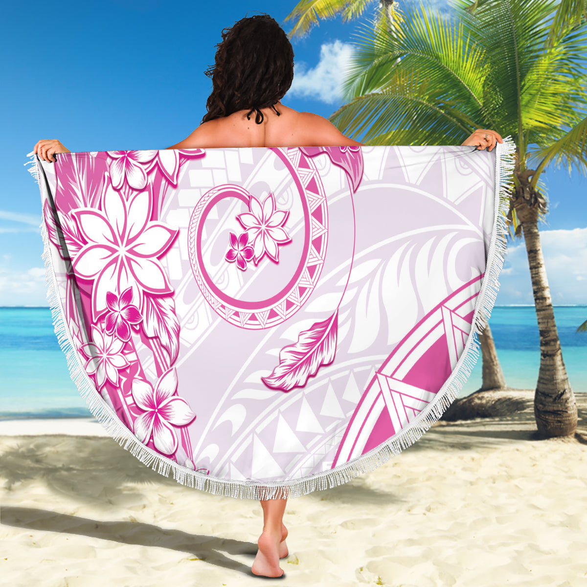 Polynesian Pattern With Plumeria Flowers Beach Blanket Pink