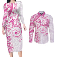 Polynesian Pattern With Plumeria Flowers Couples Matching Long Sleeve Bodycon Dress and Long Sleeve Button Shirt Pink