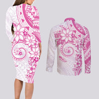 Polynesian Pattern With Plumeria Flowers Couples Matching Long Sleeve Bodycon Dress and Long Sleeve Button Shirt Pink
