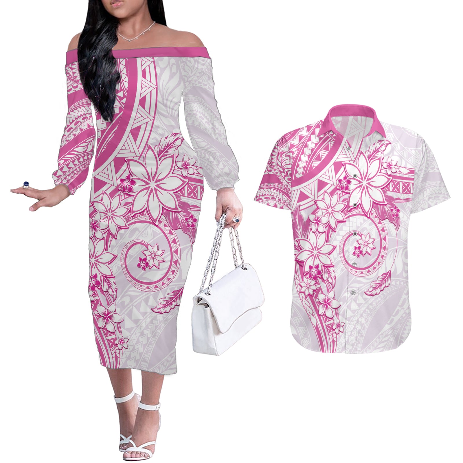Polynesian Pattern With Plumeria Flowers Couples Matching Off The Shoulder Long Sleeve Dress and Hawaiian Shirt Pink