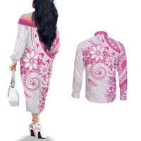Polynesian Pattern With Plumeria Flowers Couples Matching Off The Shoulder Long Sleeve Dress and Long Sleeve Button Shirt Pink