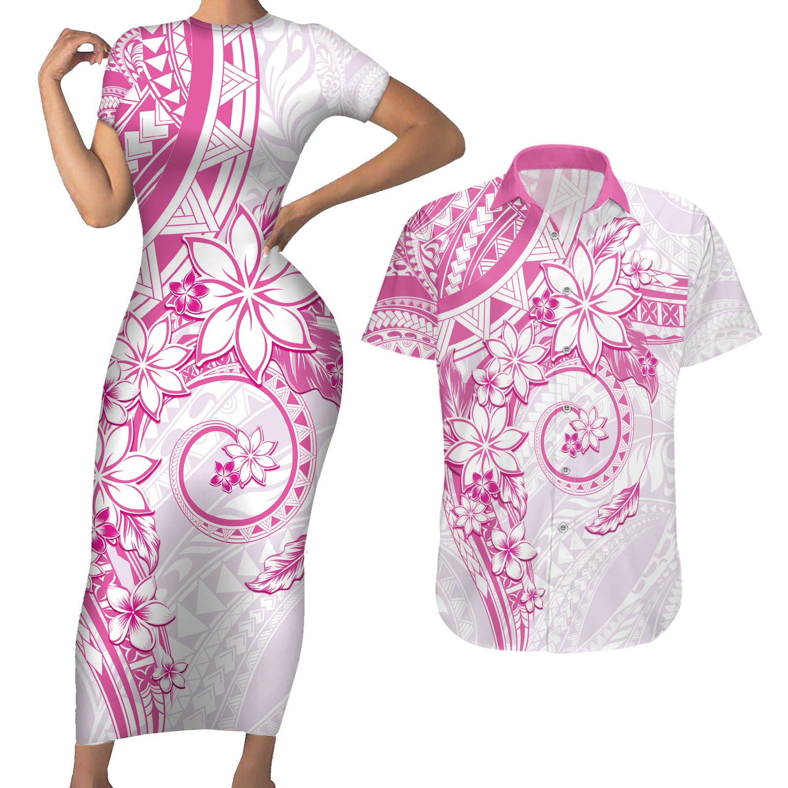 Polynesian Pattern With Plumeria Flowers Couples Matching Short Sleeve Bodycon Dress and Hawaiian Shirt Pink