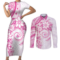 Polynesian Pattern With Plumeria Flowers Couples Matching Short Sleeve Bodycon Dress and Long Sleeve Button Shirt Pink