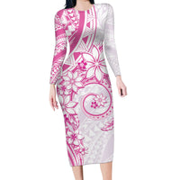 Polynesian Pattern With Plumeria Flowers Family Matching Long Sleeve Bodycon Dress and Hawaiian Shirt Pink
