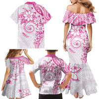 Polynesian Pattern With Plumeria Flowers Family Matching Mermaid Dress and Hawaiian Shirt Pink
